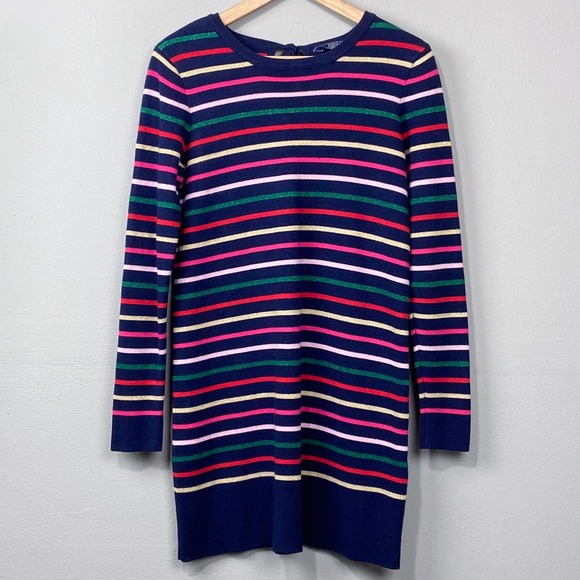 Joules Sweater‎ Dress Size 6 Navy Rainbow Stripe Knit Mod Preppy Teacher Brunch - Picture 1 of 9